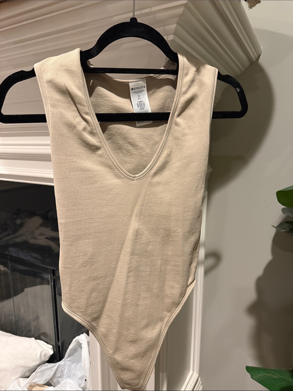 Athleta Sleeveless Ribbed V-Neck Bodysuit in Light Tan